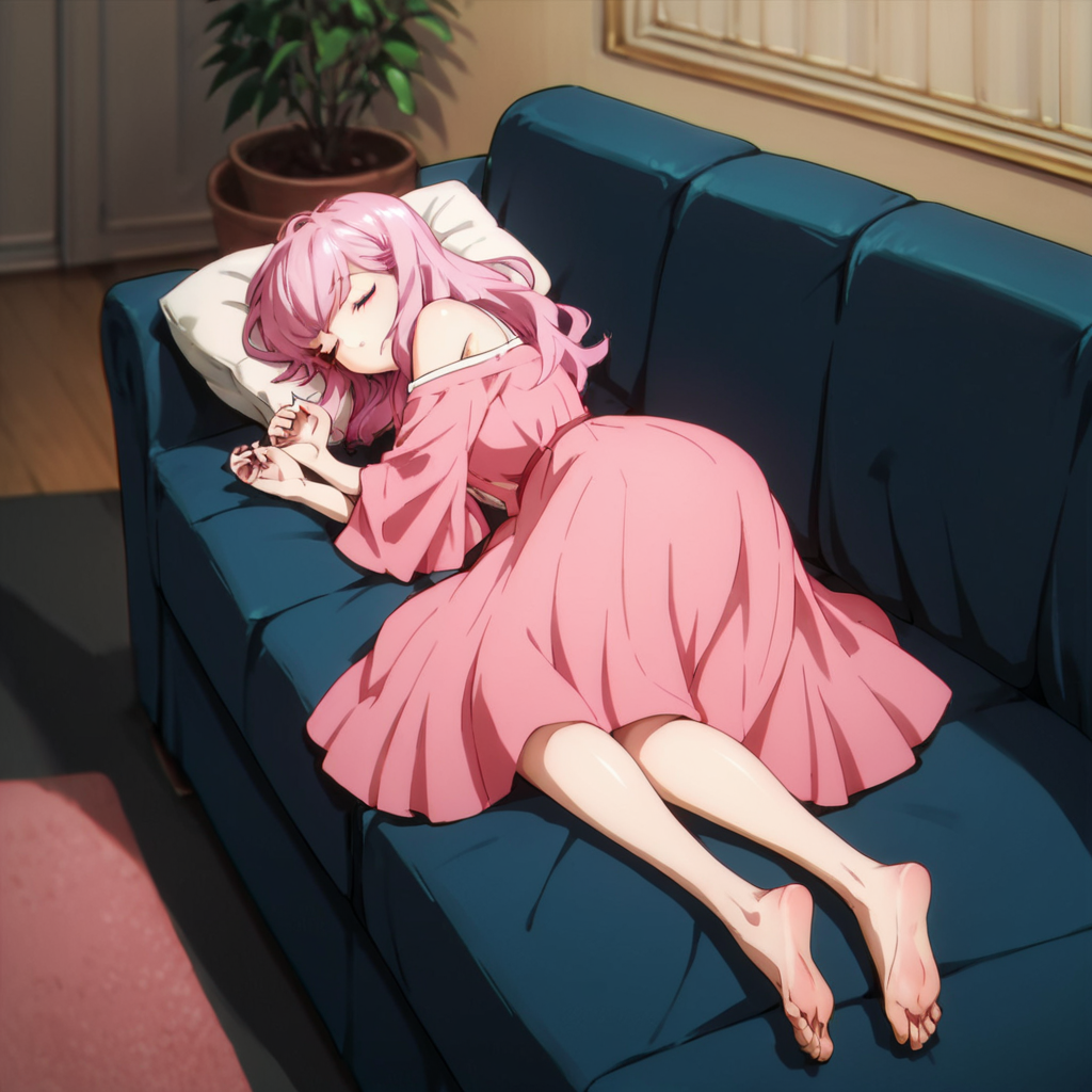 score_9, score_8_up, score_7_up, score_6_up, score_5_up, score_4_up, source_anime, , Charlotte, pink dress, pink eyes, living room, lay, couch, recline, sleeping, barfeet