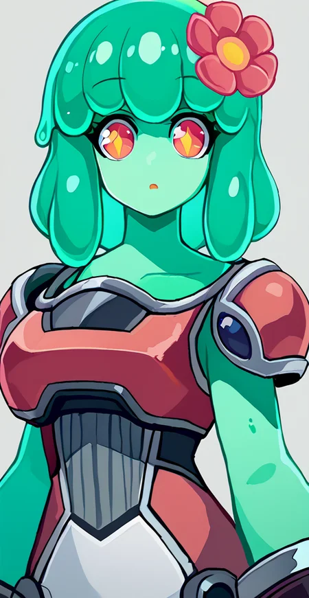 score_9, 1girl, solo, hair ornament, upper body, flower, looking at viewer, hair flower, red eyes, green hair, slime girl, monster girl, pose, <lora:juno_omega_strikers:1>