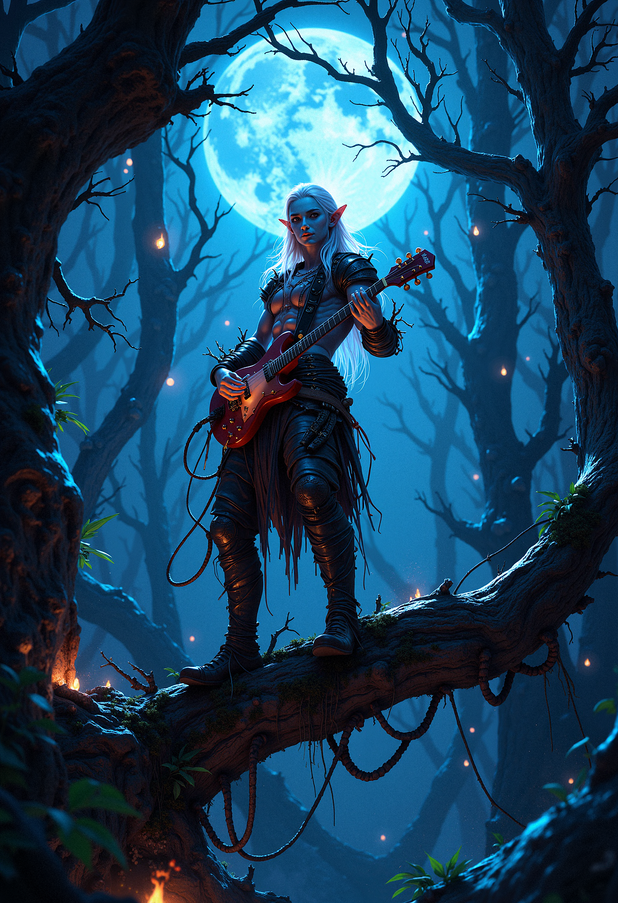 In a moonlit forest at night, a lone night elf stands on a tree branch, playing an electronic guitar. His skin is pale blue, glowing faintly in the darkness, his long white hair cascading down his back. He wears light armor of woven vines and dark leather, designed to blend in with his surroundings. The background is a thick, misty forest, with the glowing eyes of the creatures hiding in the shadows. The atmosphere is mystical and eerie, the color palette is dominated by soft shadows and cold blue hues.  <lora:FluxMythP0rtr4itStyle:0.8> MythP0rt,  <lora:ARTifacts:0.66>