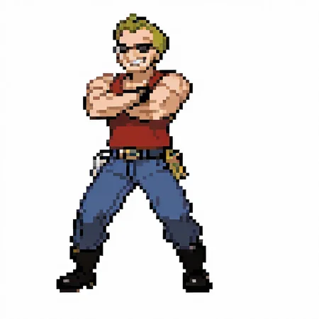 1boy,
solo,
full body,
standing,
dukenukem,
muscular male, blonde hair,
red tank top, denim pants, boots, belt, sunglasses,
crossed arms, clenched teeth, grin, looking at viewer