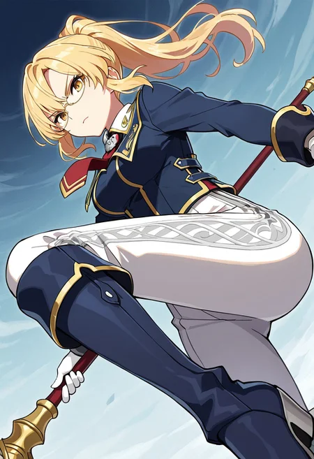 (score_9, score_8, score_7),masterwork, masterpiece, best quality, blonde hair, ponytail, glasses, sharp eyes, serious expression, navy blue military uniform, gold trim, white high-waisted pants, red ribbon necktie, silver brooch, armored gloves, long-sleeved jacket, high boots, vertical stripe pattern pants, dark blue boots with gold edges, white gloves, staff weapon,dynamic pose,dynamic angle