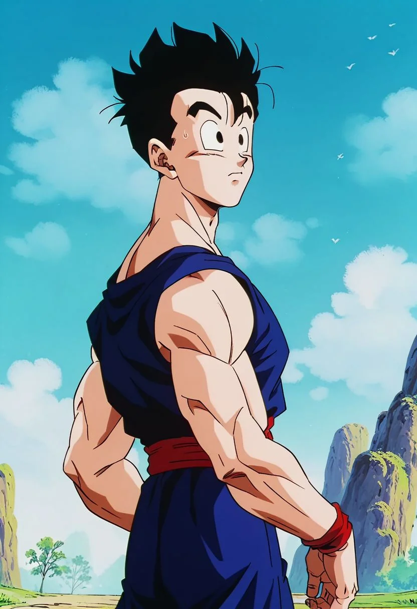 ASCIIscore_6_up, score_8, score_7_up, 1man, Gohan, male focus, sky background, official art, official style, perfect composition, 4k,