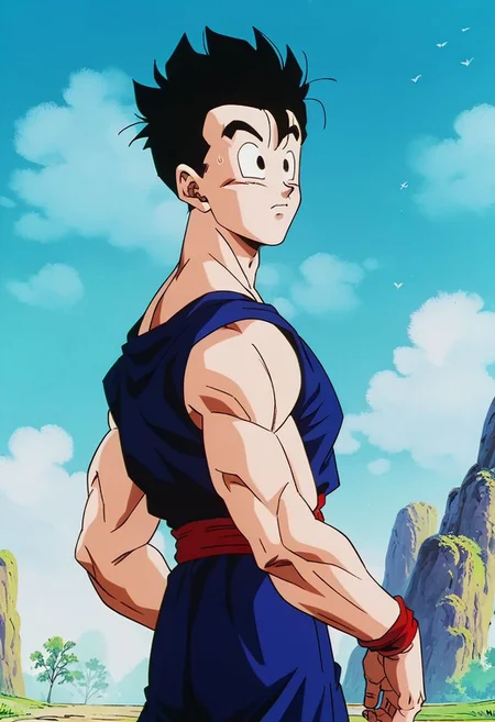 ASCIIscore_6_up, score_8, score_7_up, 1man, Gohan, male focus, sky background, official art, official style, perfect composition, 4k,
