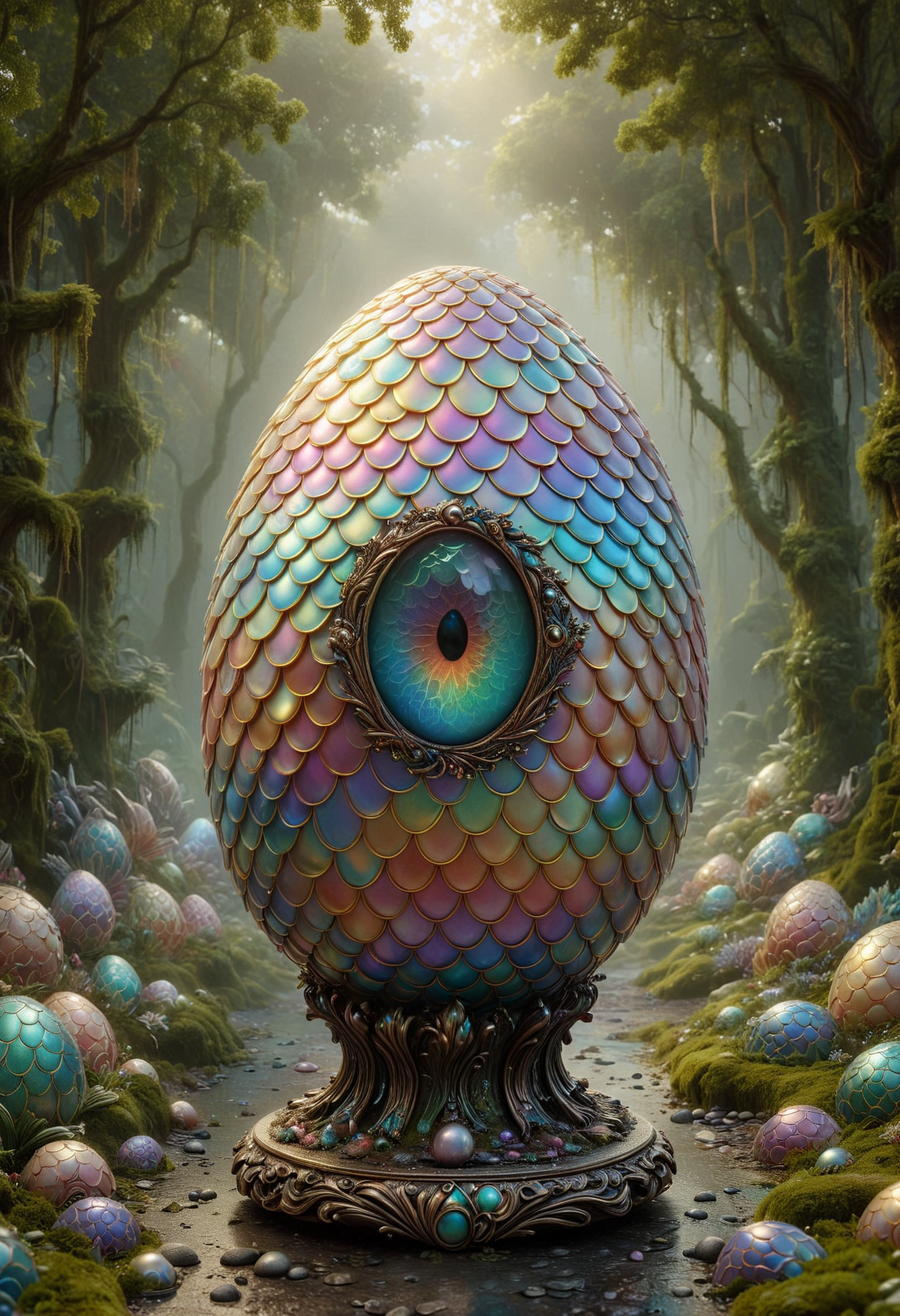 (photography art stylized by Jack Hughes:1), landscape art, concept art, Inca (Faberge egg:1.2), Repulsive, it is smooth, inside a Gdansk, Foggy conditions, Miniaturecore, horror, made out of iridescent scales, <lora:PinkieIriSclsSDXL-v1:1>, p1nk1r1sc4l3s,