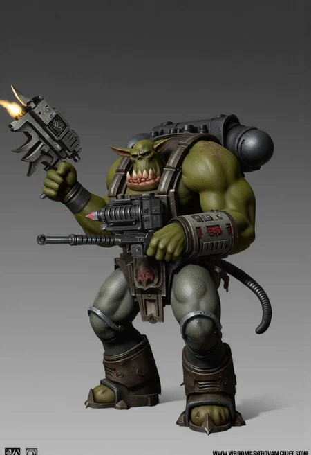Score_9_up, absurdres, source: GamesWorkshop, grimdark, gothic horror, Warhammer 40000, a snarling ork is waving an axe in one hand and firing a machinegun in the other, lifelike, hyperrealism, perfect hands, perfect anatomy, project unreal engine