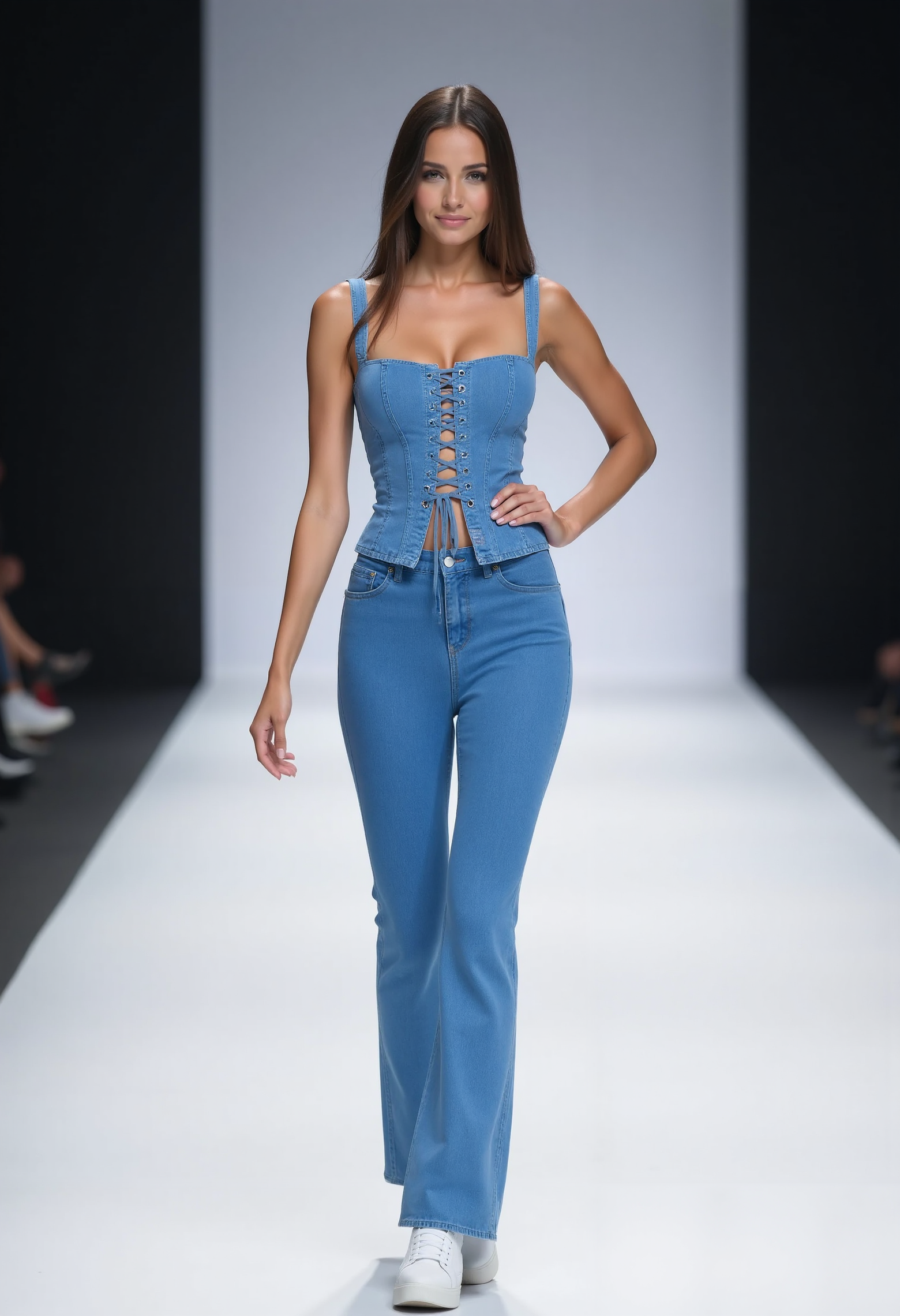 beautiful young woman, small round breasts, seductive smile, perfect makup, clo020, Full-body shot of a woman wearing a mid-blue wash corset-style denim top with lace-up front, high-waisted flared jeans, modern styled white sneakers, posing on a catwalk