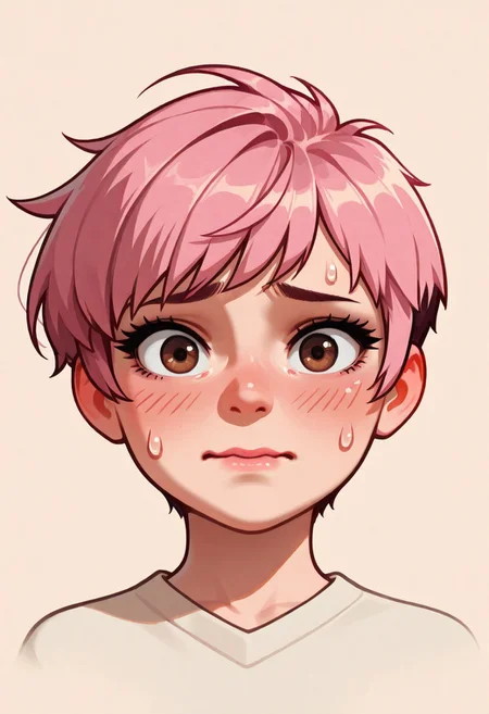 chibi, high contrast, masterpiece, best quality, amazing quality, very aesthetic, retro artstyle, realistic, promotional art, newest, volumetric lighting.
(artist:incase:0.5), (artist:tsuaii:0.5), color theory,
1girl, face, solo, straight-on, focus on face, front view, portrait, (nervous: 1.5), Pixie cut, pink hair, brown eyes, luminescent background, simple background.