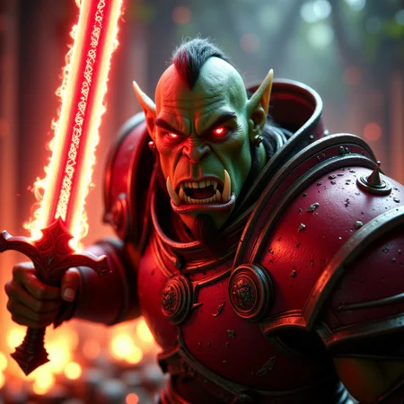 a cinematic photograph of an angry Orc Warlord with green skin, super detaild face and red glowing eyes wearing red shiny armor wielding a red flaming sword in an attacking pose, photorealistic, photography lighting, extremely detailed, shot on Sony A7R V with Leica lens, fire background, hkstyle, R3alisticF