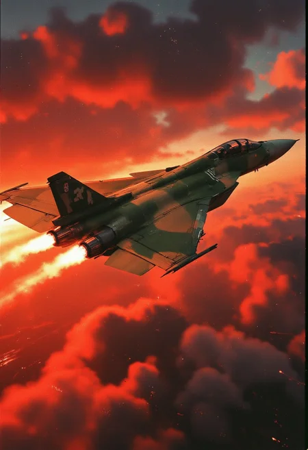 inksketch, n30nfilm, a futuristic, highly advanced variable fighter flying rapidly through the sky. The fuelage is painted in green and brown camouflage patterns and show military insignia, and has a large air intake. The sky has dark clouds, and is a surreal red, sunset