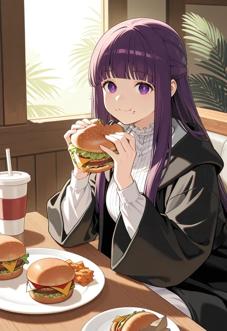 Fern,Fern, food, burger, holding, solo, cup, holding food, white dress, blunt bangs, dress, sitting, table, black coat, frilled collar, indoors, eating, sidelocks, robe, coat, closed mouth, long sleeves, black robe, smile, looking at viewer, plate, cut bangs