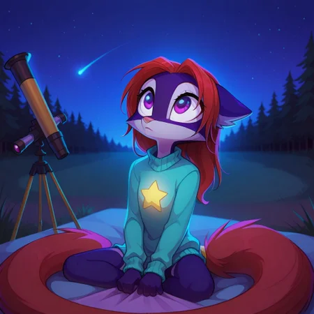 Dreamkeepers,Indi_and_Digo,1girl,solo,furry,tail,source_furry,,red hair,purple fur, purple eyes,masterpiece,
kid, child,
night, stars, sky, sitting, long_hair, cozy_sweater, telescope, soft_glow, dreamy, calm, peaceful, shooting_star, warm_lighting, blanket, moonlight, countryside, detailed_background, looking_up, quiet_atmosphere