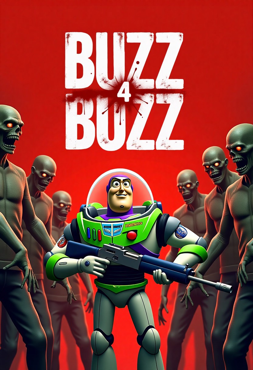 Video game cover art style. Buzz Lightyear standing between the crowd of zombies, he's holding an assault rifle and shooting at the zombies. The poster has simple red background. The title "BUZZ 4 BUZZ" is printed in bold, white, capital letters across the top of the image, with a red blood splatter or drop above the word "DEAD".  The overall style is gritty, horror-inspired, video game cover art.