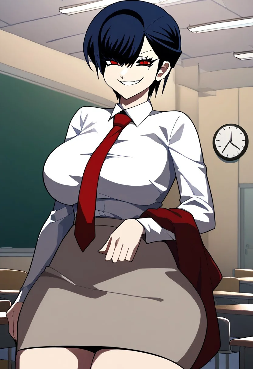 score_9, score_8_up, score_7_up, score_6_up, source_anime, rating_explicit, 1girl, solo, huge breasts,<lora:Yoon Gar-ram prefectPonyxl:0.9> short hair, black hair, (mole under eye:0.8), blue hair, red eyes, red necktie, white shirt, collared shirt, long sleeves, miniskirt, pencil skirt, grey skirt,  evil smile, classroom, indoors, looking at viewer