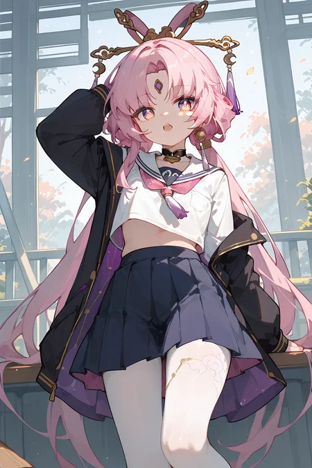 (score_9,score_8_up,score_7_up),<lora:Fu Xuan(Honkai Star Rail)-v1>,Fu Xuan(Honkai Star Rail),1girl,pink hair,solo,skirt,long hair,school uniform,forehead mark,pantyhose,jacket,white pantyhose,open mouth,serafuku,choker,blue skirt,purple eyes,white shirt,looking at viewer,bangs,black jacket,shirt,long sleeves,jewelry,earrings,:o,pleated skirt,facial mark,parted bangs,midriff peek,sailor collar,very long hair,black choker,pink eyes,
good feet,anime,NSFW,expressive,amazing quality,ultra hd 32k,moody lighting,