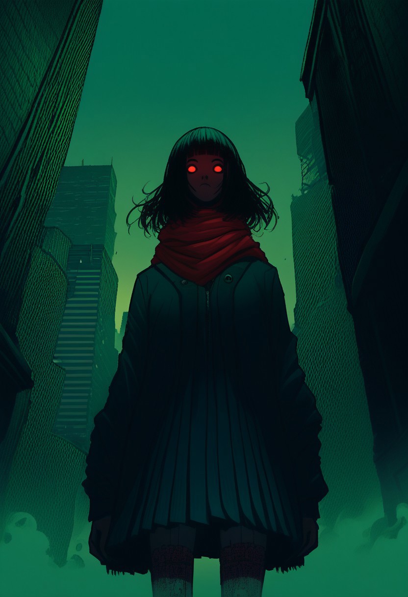 score_9, score_8_up, score_7_up, score_6_up, score_5_up, flat color, sinozick style, john kafka, (1girl, brown skinned, blunt bang, bob hair, green beanie, scarf, fantastic robe, cool pleated skirt, a pair of stockings), (horror_(theme), terror, eldritch_abomination, city, red light, CR33P1NGF0G, fog)