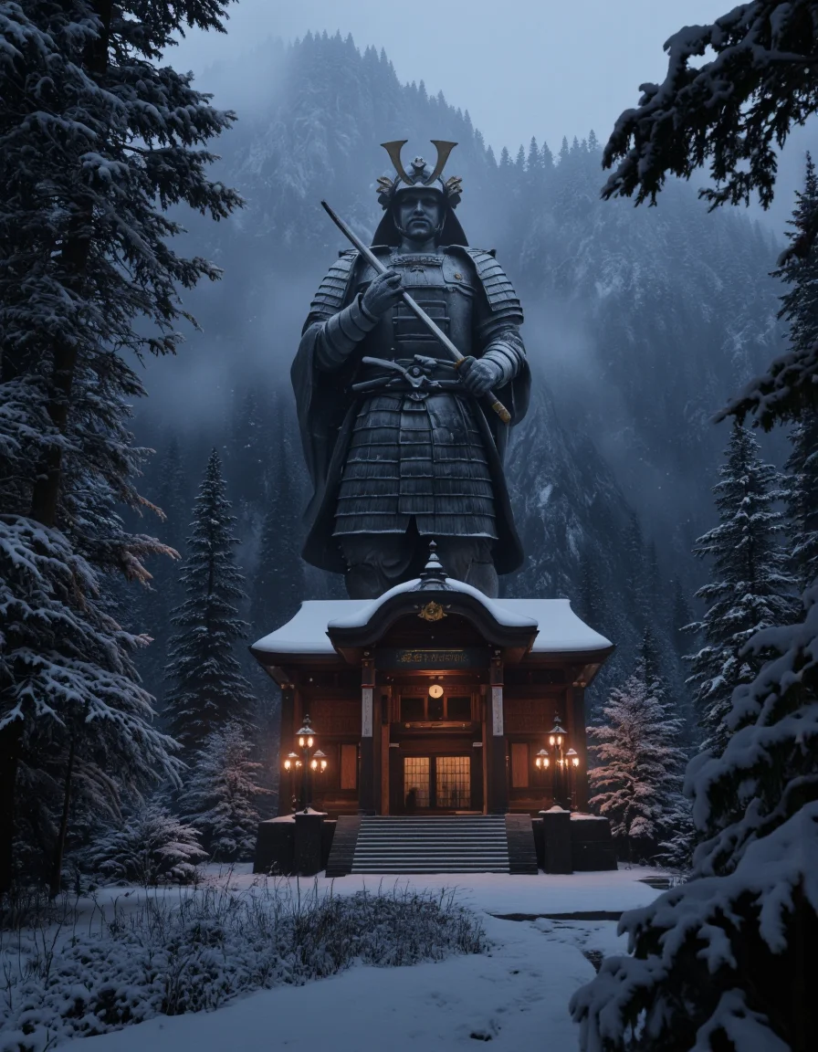 By Arthur Yuan. A photo-realistic shoot from a low angle about a majestic statue of a samurai standing tall amidst a snowy forest, holding a sword, with a small wooden pagoda in the foreground. the statue is positioned in the middle of the image, surrounded by tall trees covered in a thick layer of snow. the pagoda is lit with warm, glowing lanterns, casting a soft glow on the snow-covered ground below. the scene is set in a mountainous area, with snowfall visible in the air, creating a mysterious and ethereal atmosphere. the image has a dark, moody atmosphere, with the statue standing out against the misty backdrop and the surrounding foliage. the samurai is wearing traditional japanese armor, complete with a helmet and holding a katana, adding to the sense of power and strength in the scene. the overall effect is one of serenity and tranquility, making it a captivating and immersive experience.