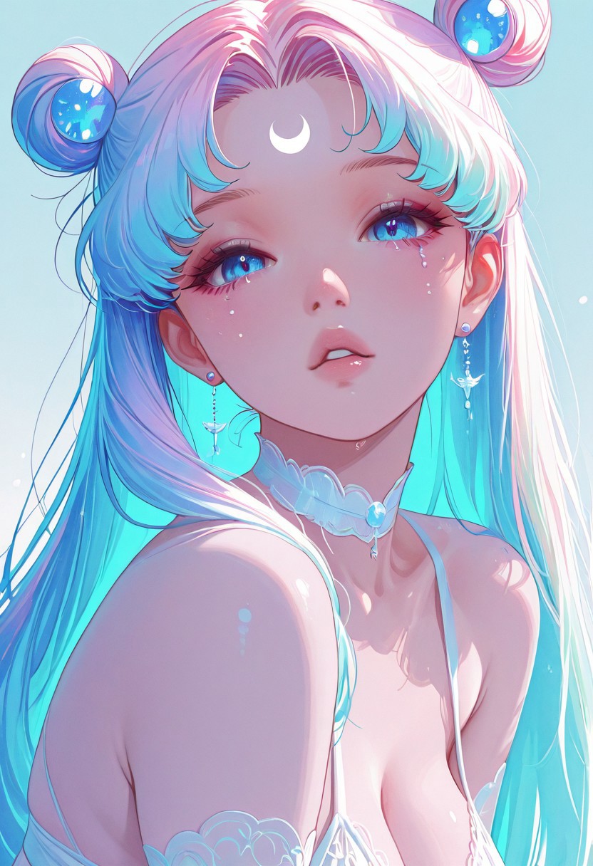 A mature 28-year-old woman in the style of 90s shoujo anime (Sailor Moon aesthetic). Her long hair is slightly wavy and styled with two buns. The hair color features a smooth dual pastel gradient: starting as a soft pastel pink at the roots, blending gradually into pastel blue from the shoulders to the ends — a full ombre transition with seamless color blending. large breasts. blue eyes, masterpiece, best quality, newest, highres, absurdres,no lineart, no outline, detailed, looking at viewer, 1girl, solo, chromatic aberration, rainbow hair,white theme ,limited palette,tenebrism,close up, depth of field