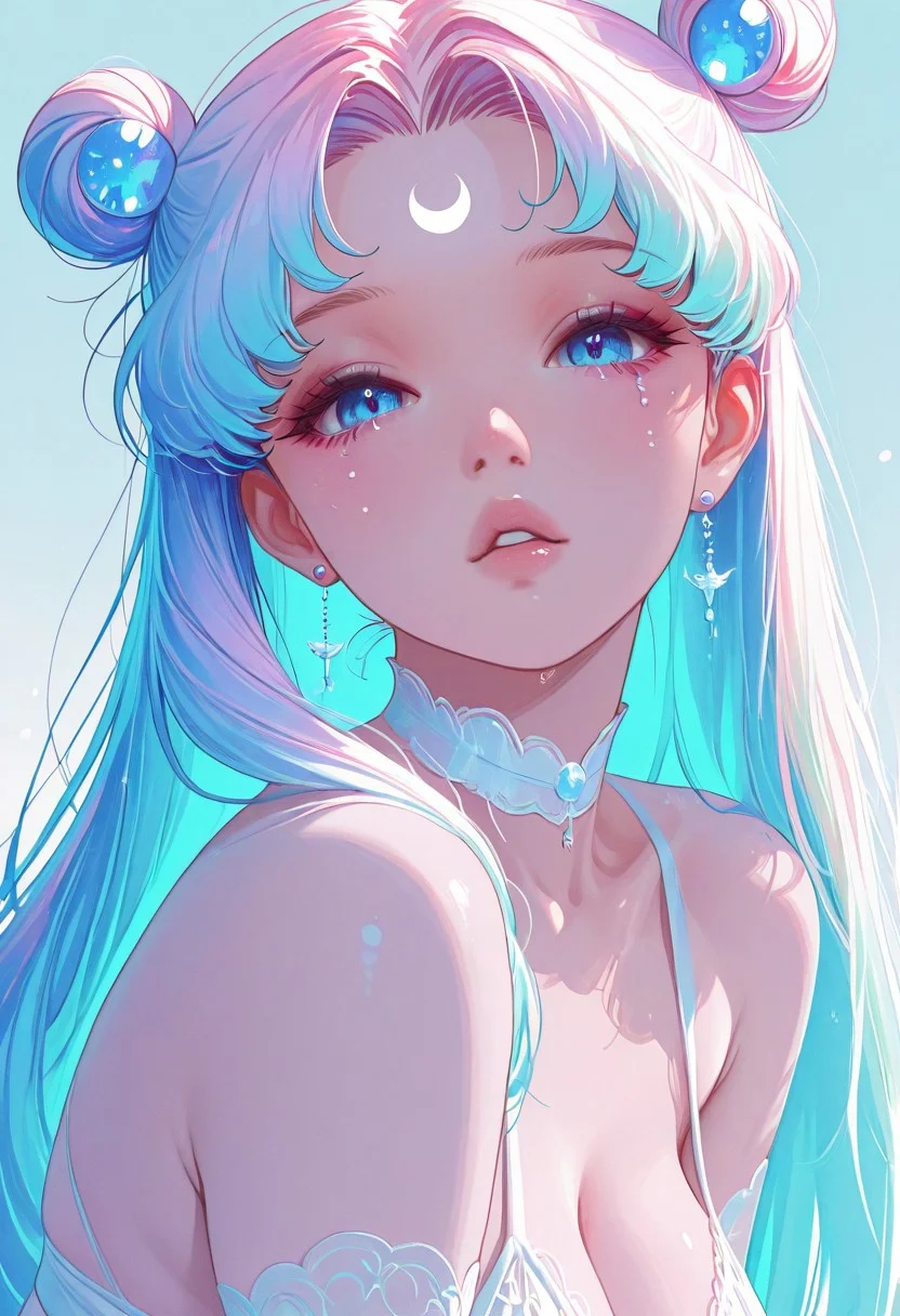 A mature 28-year-old woman in the style of 90s shoujo anime (Sailor Moon aesthetic). Her long hair is slightly wavy and styled with two buns. The hair color features a smooth dual pastel gradient: starting as a soft pastel pink at the roots, blending gradually into pastel blue from the shoulders to the ends — a full ombre transition with seamless color blending. large breasts. blue eyes, masterpiece, best quality, newest, highres, absurdres,no lineart, no outline, detailed, looking at viewer, 1girl, solo, chromatic aberration, rainbow hair,white theme ,limited palette,tenebrism,close up, depth of field