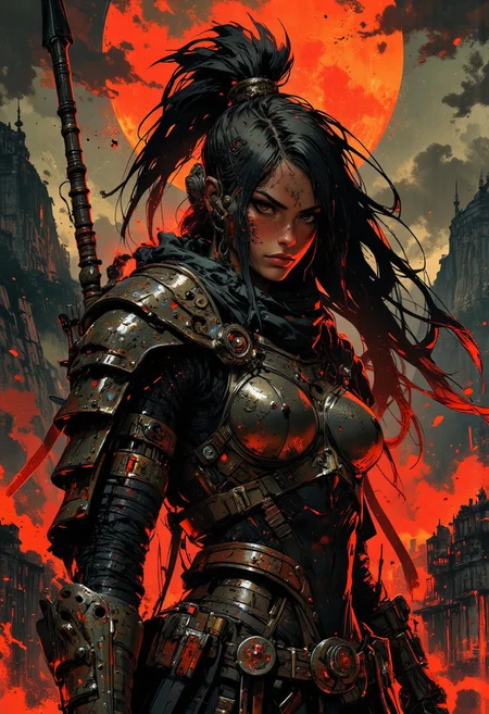 in the style of ck-mgs, nistyle, Inkplash art on rice paper, sepia, henna, Silhouette Art, magnificent, inksplash, closeup portrait, female spartan warrior, large breasts, toned arms, flowing black hair, reflective black and neon red armor, armor, large breasts, holding a spear, abstract background suggesting a mountain top, overlooking a village in a valley, midnight atmosphere, moonlight, moon rays, night, Cowboy Shot, close up,