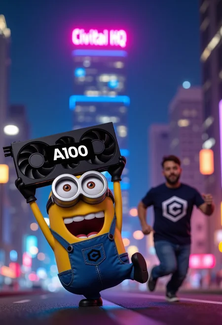 A laughing Minion holds a video card labeled 'A100' over his head. The minion is being chased by a man wearing a shirt with the CivitAI logo. In the background, a large building looms, with a neon 'CIVITAI HQ' sign glowing at the top.