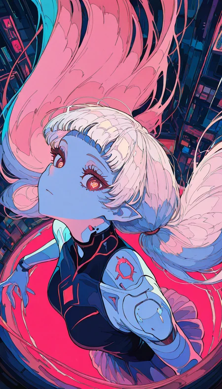 masterpiece, best quality, amazing quality, very aesthetic, absurdres, newest, scenery,
, heart-shaped pupils, heart, ariagear, 1girl, marionette, empty eyes,
low twin tails, downward flowing hair,
pink hair, figure skating dress,
expressionless, silver skin, metal skin, pointy ears, toned, cyberpunk, half-shaved head, white hair, long hair, looking aside, looking at viewer, glowing eye,sinsister,
seductive, indoor, dynamic pose,
seductive, indoor,, animated, dynamic angle, upper body, close-up,portrait, from above, fisheye lens, detailed face,colorful, close-up, masterpiece, best quality, amazing quality, very aesthetic, absurdres, newest, scenery, volumetric lighting