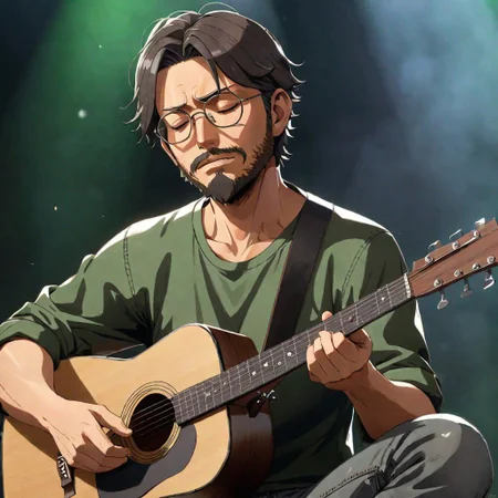 slavic 36 years old man is playing brown cedar acoustic 6-strings guitar, slavic face shape, ultra short dark hair, short haircut with shaved temples, dark green shirt, grey jeans, sad smile, brown eyes half closed, folk music, short accurate beard, small spot on a left cheek, small square glasses, square glasses, anime cowboy bebop style, extreme quality, high quality, highres