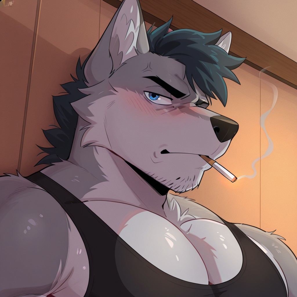 masterpiece, best quality, amazing quality, very aesthetic, absurdres, newest, high quality, detailed, solo, 1boy, (Dustynn), yamathegod, male focus, male only, solo male, wolf boy, bara, muscular male, frown, annoyed, adult, mature male, muscular, bara, large pectorals, pecs, broad shoulders, indoors, standing, blue eyes, jeans, looking at viewer, leaning against the wall, black tank top, stubble, manly, muscular male, glaring at viewer, detailed fur, big pecs, sidepecs, face focus, blush, ((((cigarette)))), smoking, clear eyes, extremely detailed, (((((bust portrait))))), low angle, closeup, angry