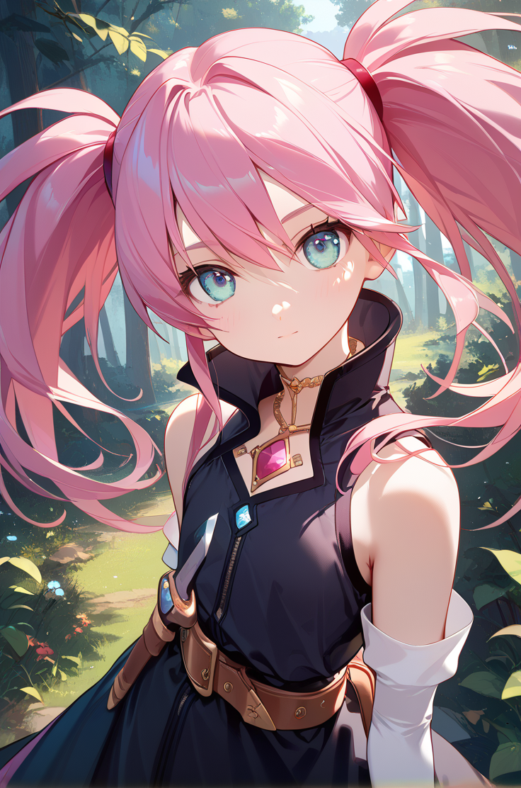 score_9, score_8_up, score_7_up, very aesthetic, source_anime, detailed,
forest, 
cowboy shot,  close up, dynamic angle,
looking at viewer, emotionless,
1girl, flat chest, petite female,
<lora:presea_v01:1>preseaBase, pink hair, sidelocks, twintails, chest jewel,
black dress, sleeveless, belt, elbow gloves, fingerless gloves, high collar, knife holster,, zPDXL