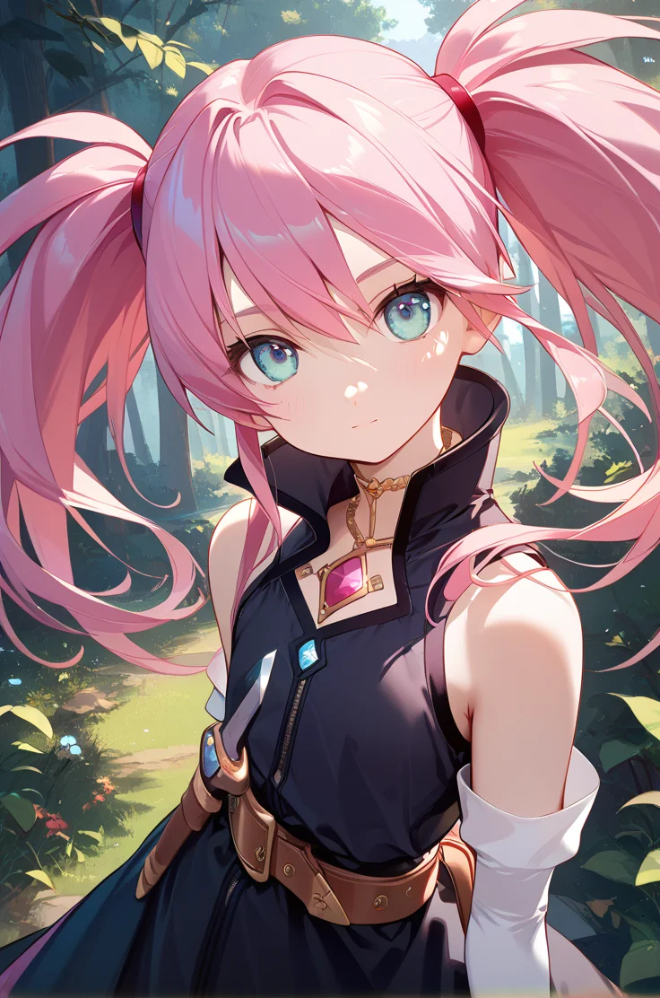 score_9, score_8_up, score_7_up, very aesthetic, source_anime, detailed,
forest,
cowboy shot, close up, dynamic angle,
looking at viewer, emotionless,
1girl, flat chest, petite female,
<lora:presea_v01:1>preseaBase, pink hair, sidelocks, twintails, chest jewel,
black dress, sleeveless, belt, elbow gloves, fingerless gloves, high collar, knife holster,, zPDXL