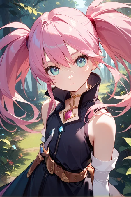 score_9, score_8_up, score_7_up, very aesthetic, source_anime, detailed,
forest,
cowboy shot, close up, dynamic angle,
looking at viewer, emotionless,
1girl, flat chest, petite female,
<lora:presea_v01:1>preseaBase, pink hair, sidelocks, twintails, chest jewel,
black dress, sleeveless, belt, elbow gloves, fingerless gloves, high collar, knife holster,, zPDXL