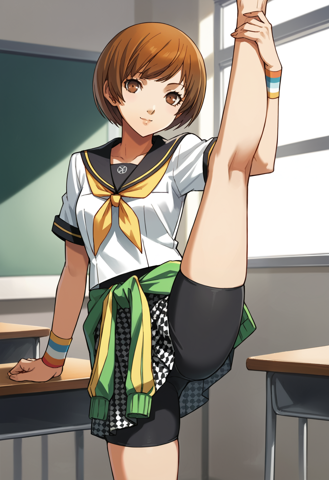score_9, score_8_up, source_anime
1 girl, solo, cute face,
p4chie, satonaka chie, short hair, brown hair,
p4chie-sumuni, school uniform, serafuku, yasogami school uniform, neckerchief, jacket around waist, pleated skirt, houndstooth skirt, wristbands, multicolor wristbands,
classroom, standing, standing split, compression shorts, looking at viewer, :P
masterpiece, best quality, ultra detailed,