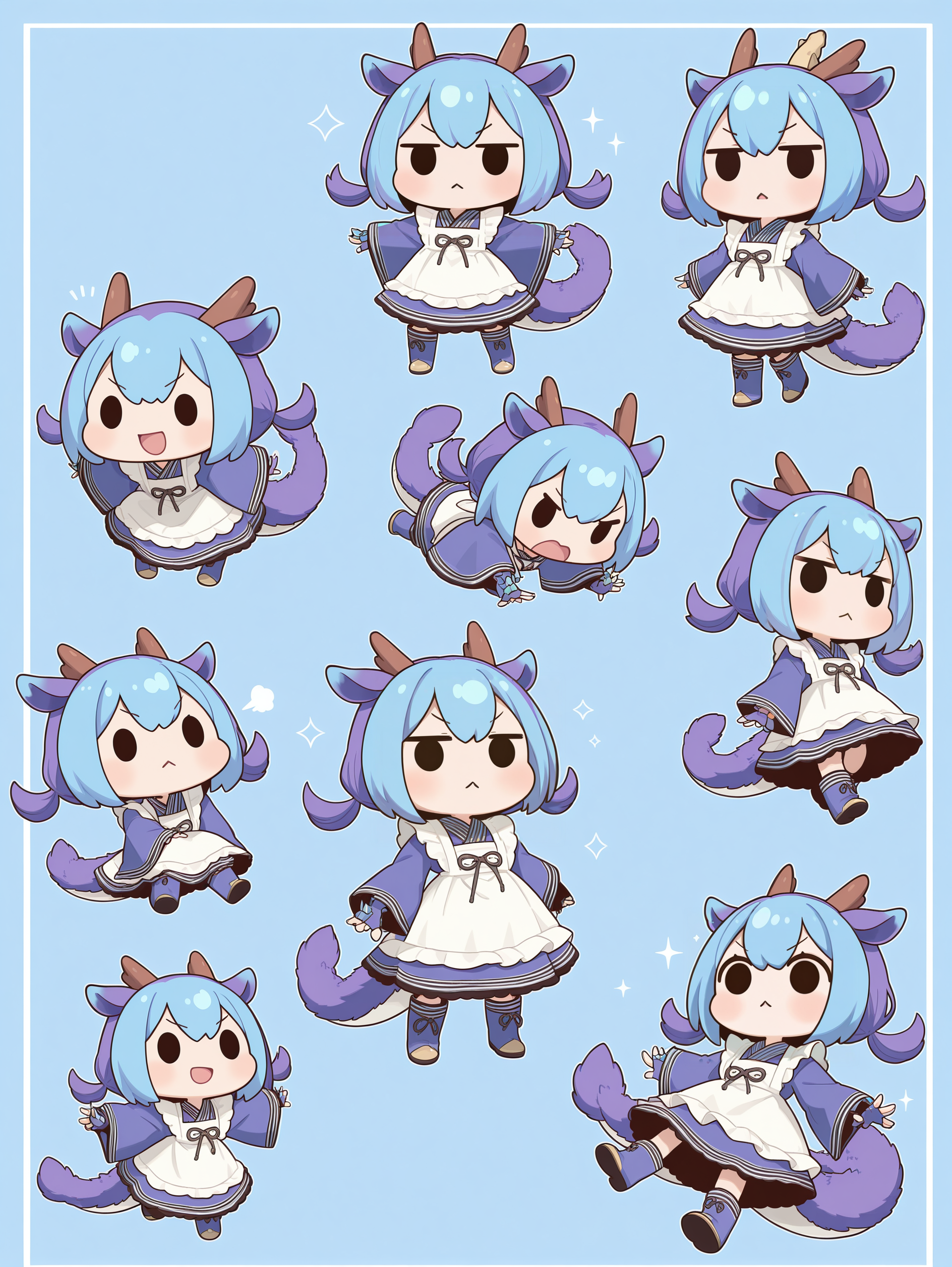 chibi,|_|,solid oval eyes,dragon girl,laundry dragonmaid,1girl,open mouth,looking at viewer,smile,:<,blue maid outfit,blue fingerless gloves,blue knee boots,multiple views,blue background,v-shaped eyebrows,
masterpiece,best quality,amazing quality,very aesthetic,apussbsurdres,newest,<lora:laundry dragonmaid & eldlich the golden lord illuXL v1:0.75>,