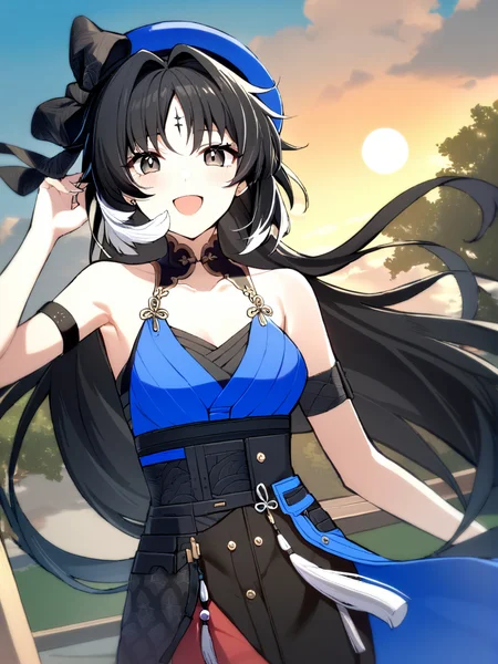 1girl, 
yangyang \(wuthering waves\),  
solo, outdoors, tassel, smile, open mouth, long hair, collarbone, sarong, hat ribbon, blush, black choker, cloud, looking at viewer, arm strap, :d, blue hat, day, black hair, floating hair, black eyes, upper body, bare shoulders, black ribbon, choker, sky, hat, very long hair, ribbon, blue sky, sun hat, swept bangs, 
masterpiece, best quality,  safe
 <lora:mki-ani3-yangyang-v3:1>