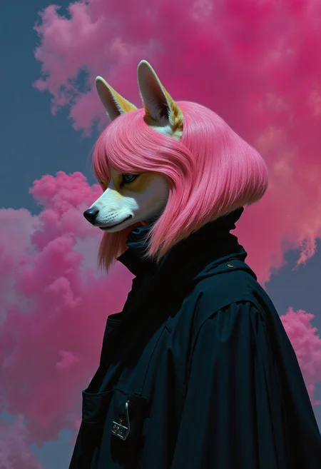 Anthropomorph Shina inu dog with a pink bobcut and long hair in the back, wearing a black trenchcoat ,turquoise silver grunge, in profile, side view, surrealism, pencils, fashion illustration, gradient magenta and teal background, avant-garde, vivid colors, filigrie, photorealistic rendering, mody chiaroscuro lighting