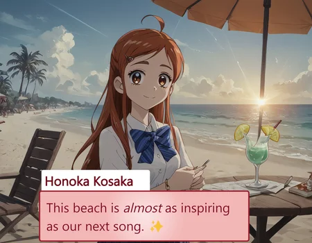 score_9_up, score_9, score_8_up, score_7_up, rating_explicit, , lora:748cmSDXL:1, best quality, masterpiece, perfect composition, official art, 748cmstyle, 1girl, diamond necklace, charm bracelets, holding a margarita in a wide brimmed coupette glass, margaarta glass, salted rim, mint green color drink, lime wedge on rim, looking at viewer, cute smile, dynamic pose, standing, beach scenery, seaside, twilight, bay, rocks, umbrella, beach chairs, beach lights, city lights in the distance, white plastic table, midnight blue sky with gold streaks, clouds, volumetric lighting, perfect lighting, correct illumination, dark lighting, warm light, chiaroscuro,, Expressiveh, concept art, realistic,, Honoka Kosaka, Orange hair, Shoulder-length hair, Side ponytail with orange ribbon, Amber eyes, Fair skin, Energetic appearance, School uniform attire, Orange-themed accessories, Slightly messy hairstyle, Noticeable ahoge, honoka