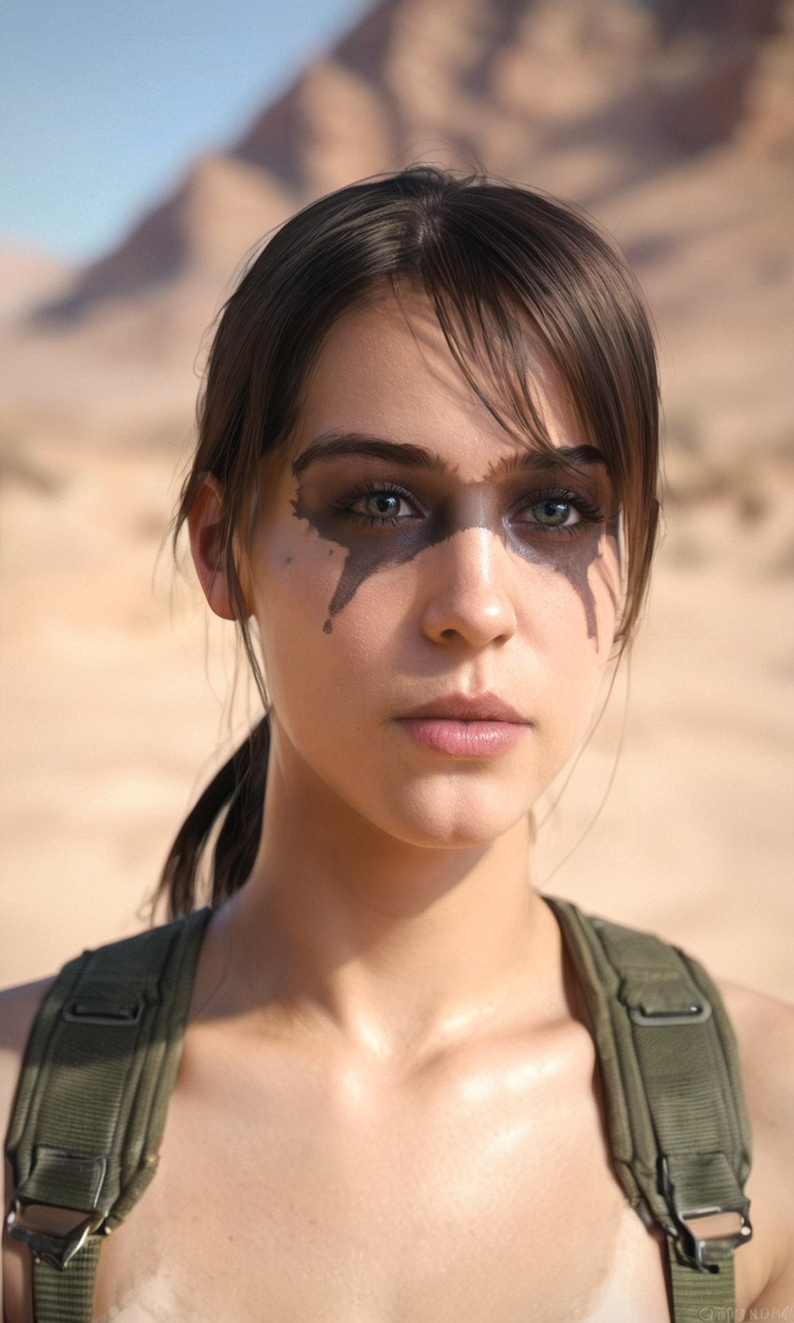 score_9, score_8_up, score_7_up, BREAK, zy_quiet, 1girl, brown hair, ponytail, suspenders, face paint, portrait, realistic, photo, real hair, detailed skin, desert, highly detailed, detailed skin, depth of field, film grain, <lora:zy_Quiet_PonyRealism_v1:.7>