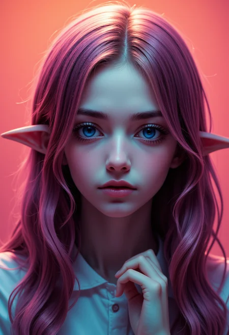 1girl, elf mage, pointy elf ears, brown hair, colored skin, looking at viewer, portrait, simple background, small nose, long face, looking at viewer, portrait, subtle-hued gradient background. A breathtaking digital portrait. aidmaHyperrealism, aidmaGlow, dreamwave   <lora:FLUX - Hyper Realism ( aidmaHyperrealism ):0.5> <lora:FLUX - Booster for Glow Lightning Reflection Illumination ( aidmaGlow ):0.6> <lora:FLUX - Dreamwave Abstract Style ( dreamwave ):0.6>