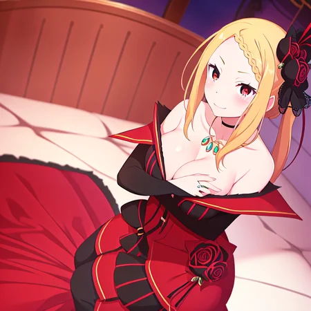 <lora:Priscilla_Barielle:0.6>, nsfw, best quality. Priscilla_Barielle, person, 1girl, red_eyes, blonde_hair, red and black dress, green neklace, black and red hair_ornament, large_breasts, cleavage, bridal_gauntlets, standing, (breasts_out:1.31), nipples
