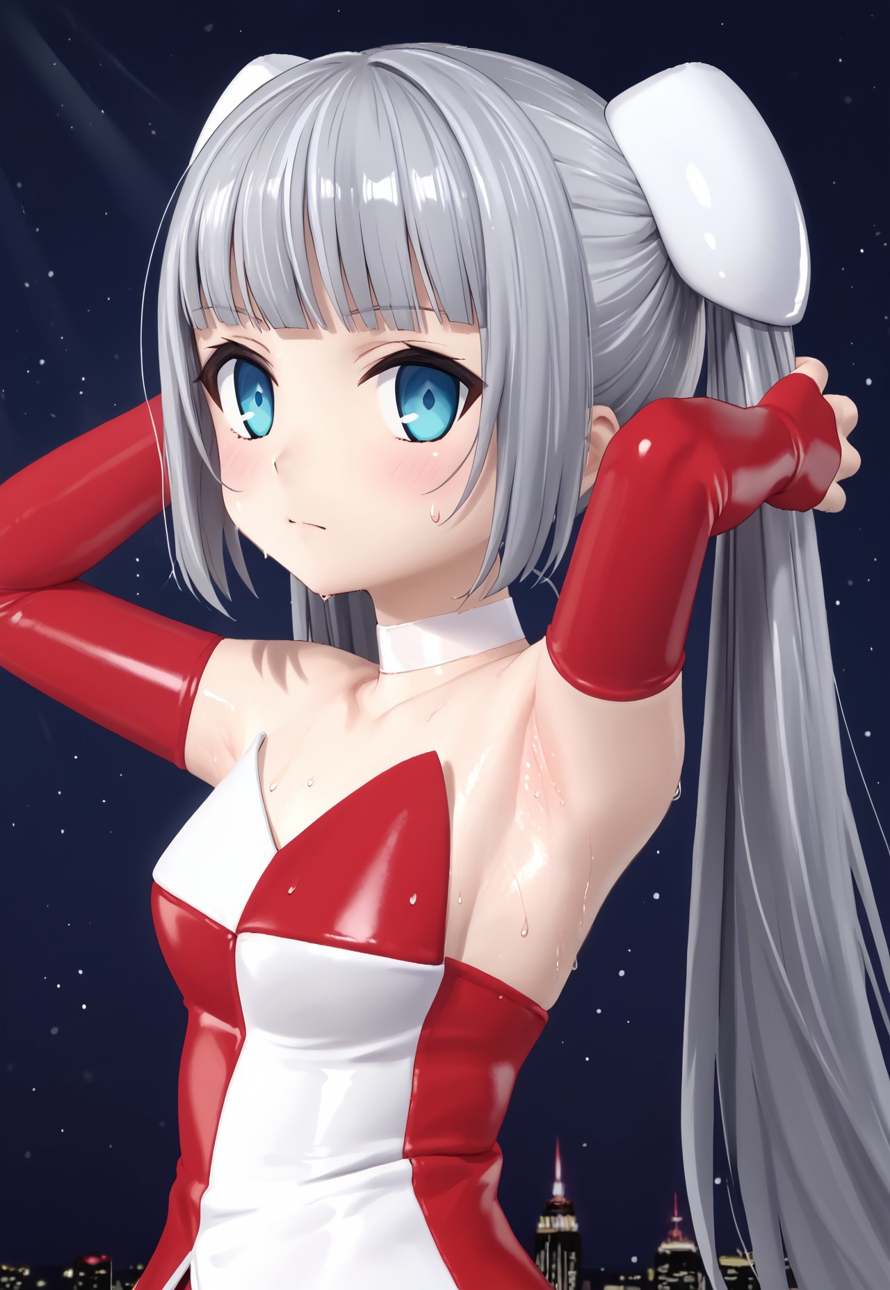 1girl, solo, solo focus, highres, absurdres, MMSanta, long hair, santa costume, bare shoulders, twintails, elbow gloves, blue eyes, blunt bangs, white choker, grey hair, strapless dress, hairpods, blunt bangs, fingerless gloves, red gloves, two-tone dress,

looking at viewer, closed mouth, armpit, arms behind head, close-up, from side, 

cityscape, neon lights, dark, night, night sky, 

(((sweat, sweatdrop,)))

light particles, backlighting, shade, light rays, lens flare, shiny skin, fine fabric emphasis,