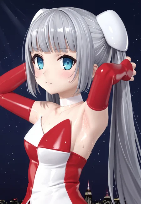 1girl, solo, solo focus, highres, absurdres, MMSanta, long hair, santa costume, bare shoulders, twintails, elbow gloves, blue eyes, blunt bangs, white choker, grey hair, strapless dress, hairpods, blunt bangs, fingerless gloves, red gloves, two-tone dress,

looking at viewer, closed mouth, armpit, arms behind head, close-up, from side, 

cityscape, neon lights, dark, night, night sky, 

(((sweat, sweatdrop,)))

light particles, backlighting, shade, light rays, lens flare, shiny skin, fine fabric emphasis,