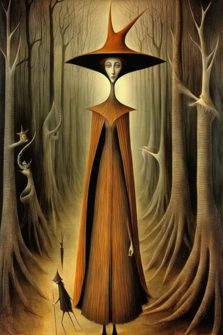 <lora:Remedios Varo Style:1>Remedios Varo Style - remedios varo style fantasy woods witch lady amazing art