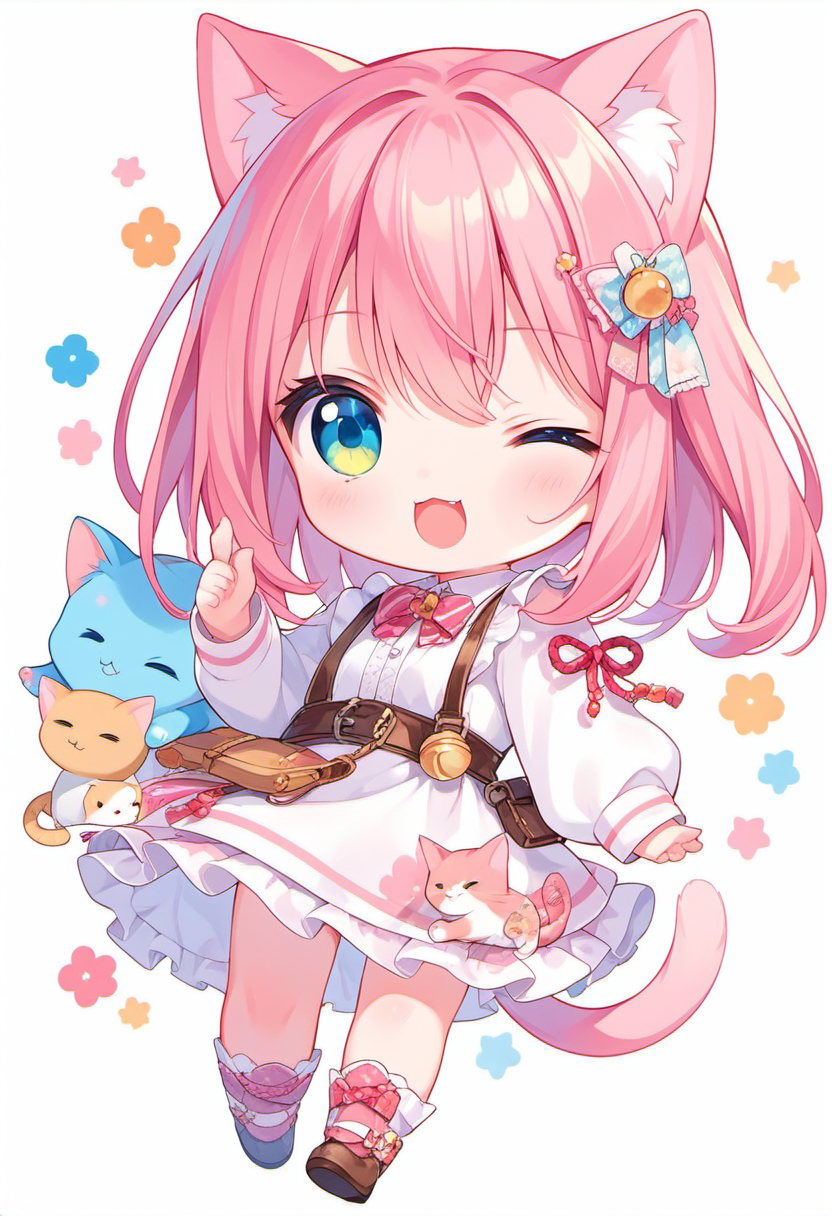 score_9, score_8_up, score_7_up, source_anime, (chibi), cat ears,wink, pink hair, simple background