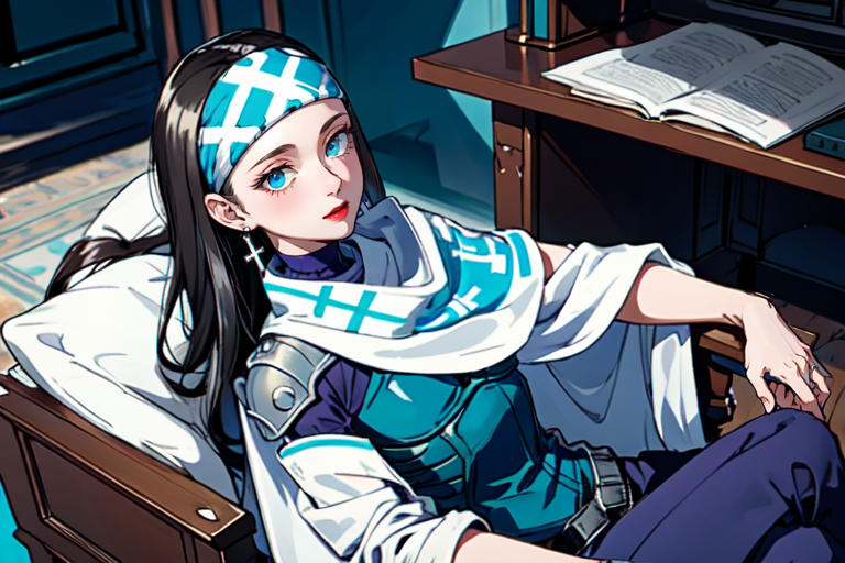 highly insanely detailed, masterpiece, top quality, best quality, highres, 4k, 8k, RAW photo, (very aesthetic, beautiful and aesthetic),  
beth_\(megami_tensei\),bethsmtii,shin megami tensei ii,long hair,black hair,straight hair,sleek black,jewelry,cross,headband,red_lipstick,white cape,cape_with_messian_symbol,Religious_cape,messian_symbol_cape,holy_knight_cape,Blue_dress,armored_corset,blue shirt,messian_cross_earrings,cross_earrings,religious_earrings,messian_symbol_jewelry,bandana_with_messian_symbol,Religious_bandana,symbol_headband,messian_church_bandana, 
<lora:zs_Beth:0.7>, 
(1girl:1.3), 1other, 
Study,Quiet room with low seating cushions,scroll-filled shelves lining the walls,a small writing desk with ink pots and papyrus scrolls,intricate woven rugs,and decorative hieroglyphic carvings,pure blue background,pure cyan background,(dripping colors background,bold color background,EPtiedyeworld,tie-dye color background),âââ
