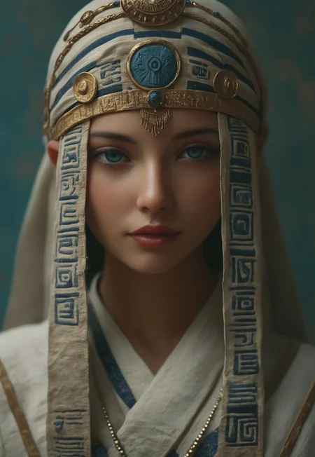 masterpiece, best quality, highly detailed, score_9, score_8_up, score_7_up, Expressiveh,
Envision a close-up portrait of a female figure wrapped in ancient, hieroglyph-covered cloth, surrounded by a cold, polygonal blue background. The fabric is aged, with cobwebs adorning its edges, and each hieroglyph is meticulously detailed, adding layers of mystery to the figure. Only their eyes are visible, emanating an otherworldly presence that contrasts sharply with the sharp, crystalline facets of the background. The blue gradient ranges from icy whites to deep navy, giving a sense of an endless, frozen landscape. The detailed textures of the fabric and the clarity of the background facets make the scene feel tangible, as if the figure were a relic preserved within a digital prism. This fusion of ancient and modern aesthetics invokes a haunting and futuristic atmosphere, a glimpse into a world where the past is locked within an icy, geometric void.
<lora:Dynamic Poses:1>
<lora:detailed_notrigger:1>
(((full clothed))),