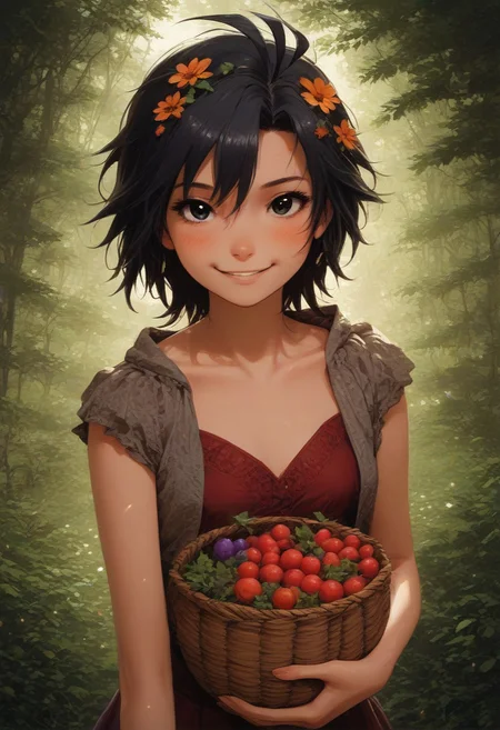 score_9, score_8_up, score_7_up, source_anime, volumetric lighting, warm colors, motion effects, best quality, wallpaper art, looking at viewer, woods, flowers, insects
1girl, solo, 18 year old, Little Red Riding Hood on a path in the woods, holding basket with berries, delicate and smooth skin, cleavage, shy smile, eyes open, low cut, 
<lora:KikuchiMakoto_pony_v1:0.9> kkcmkt, short hair, black hair, antenna hair, hair between eyes, black eyes, flat chest,  small breasts, 
Expressiveh,  <lora:c0l0urc0r3XLP2:0.40> c0l0urc0r3, cute, bright colours, candy, <lora:RELSM_v1:0.90> <lora:[GP] somethingweirdv1 [Pony XL]:0.20>