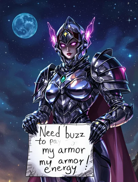Fully dressed, goddess, doing shores, night, cosmic, galactic, (extremely detailed overall:1.5), closer, upper body, portrait, (GIGA ARMOR:1.5), shiny armor, meteor armor, full face helmet, back rockets, supreme armor, holding a sign written: Need buzz to pay my armor energy