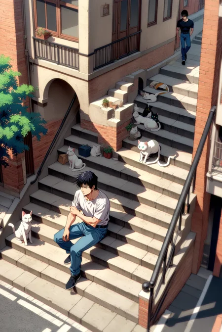 1boy, male focus, fushiguro touji, jujutsu kaisen , (90s anime style:1.5), front view, outdoors, street view, (looking down:1.3), perfecteyes, isometric, sitting on stairs, shirt, denim shorts, 1 white cat sitting next to them, petting the cat <lora:detailed_notrigger:1> <lora:ParchartXL_CODA:0.2> <lora:Isometric Cutaway:1> <lora:PerfectEyesXL:1> <lora:ral-drptpl:0.1> <lora:FILM_PHOTOGRAPHY_STYLE:0.6> <lora:Surreal Harmony:0.2>
