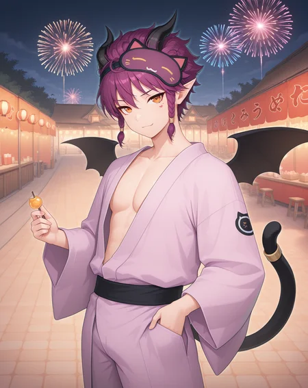masterpiece,best quality,amazing quality, newest, very aesthetic, absurdres,
1boy, solo, yaoi, male focus, looking at viewer, cowboy shot,
<lora:Veigas_Dream_Cat_ilxl:1> veigasdreamcat, demon tail, purple hair,pointy ears, demon horns, black wings, short hair, orange eyes, demon wings, bat wings, black horns, sidelocks, cat tail,
yukata, open clothes,
outdoors, festival, night, fireworks, stone floor,