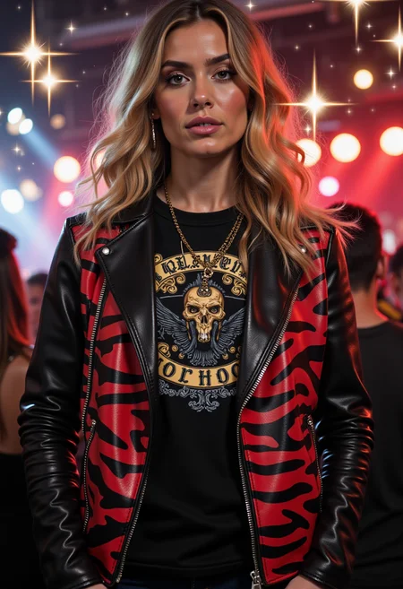 cinematic photo of a woman in a red and black zebra leather jacket over her boyfriends metal band tshirt, nightclub scene, surrounded by a sparkling effect