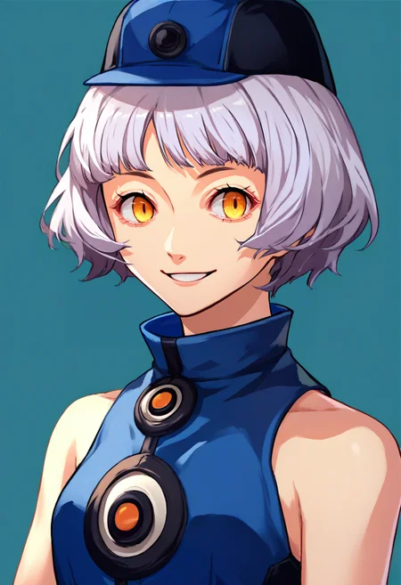 score_9, score_7_up, source_anime, zeroazureportraits, solo, upper body, simple background, 1girl, p3elizabeth, smile, looking at viewer, hat, blue dress, sleeveless dress, black pantyhose, bare shoulders <lora:zs_ZeroAzurePortraitsXL:1> <lora:persona3_elizabeth_ponyXL:0.9>